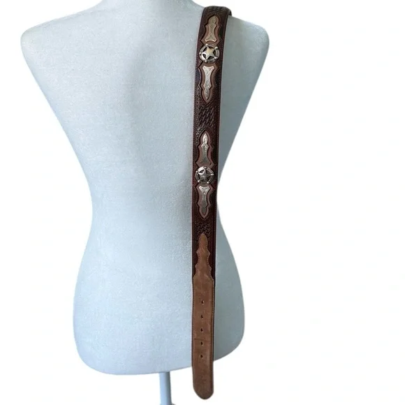 Justin Odessa Star Silver Texas Ranger Brown Leather Belt Vtg 1994 Size 36 - Picture 10 of 16